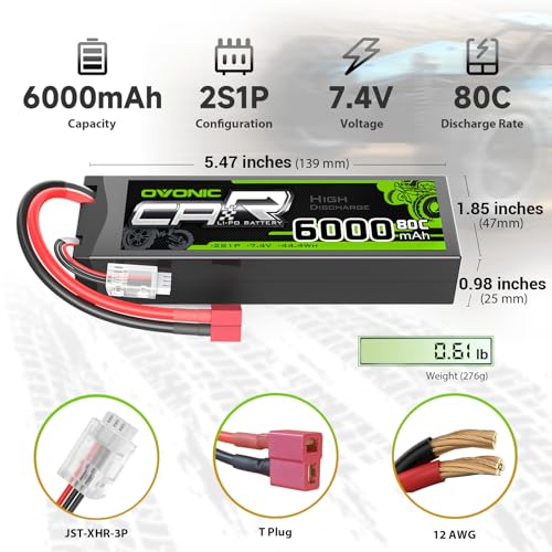 OVONIC 6000mAh 80C 2S 7.4V Lipo Battery Hardcase with Dean-Style T Connector for 1:8 Scale RC Car, RC Airplane, RC Helicopter, RC Boat (2 Pack)