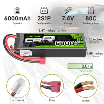 OVONIC 6000mAh 80C 2S 7.4V Lipo Battery Hardcase with Dean-Style T Connector for 1:8 Scale RC Car, RC Airplane, RC Helicopter, RC Boat (2 Pack)