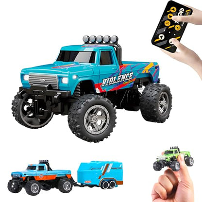 Mini Monster Truck, 1:64 Scale Remote Control Car with Lights, 2.4GHz Off-Road RC Truck, USB Rechargeable RC Car with Adjustable Speed for Kids Indoor & Outdoor Racing (Blue) - color: Blue