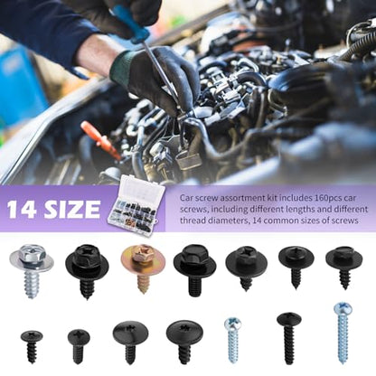 160PCS Metal Car Screw Assortment Kit with 14 Size,Pan Head Self Tapping Screws Retainer Clips for Car Bumper/Mudguard/Trim,Universal Automotive Trim Screws Cars Accessories