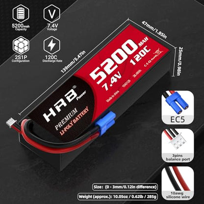 HRB 2packs 2S 5200mAh Lipo Battery with EC5 Plug 7.4V 120C Hardcase RC Lipo Battery Compatible with RC Car Airplane Helicopter Truck Boat