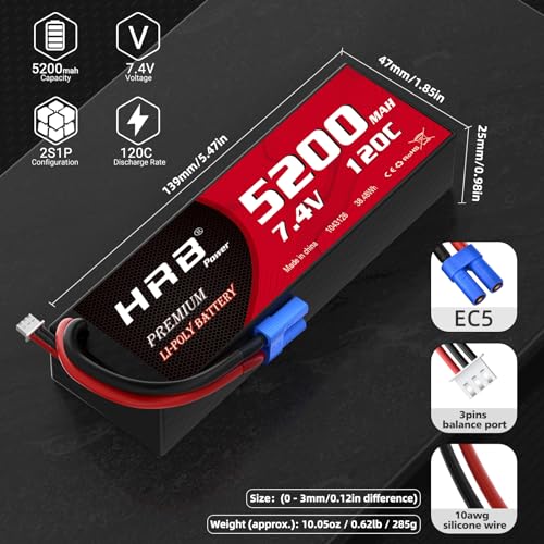 HRB 2PCS 2S 5200mAh Lipo Battery EC5 7.4V 120C Hardcase RC Lipo Battery