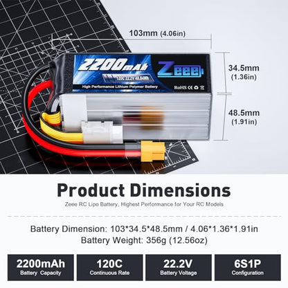 Zeee 6S Lipo Battery 2200mAh 22.2V 120C Soft Case Battery with XT60 Connector for RC Airplane Helicopter RC Car Truck Tank Drone Racing Hobby(2 Pack)