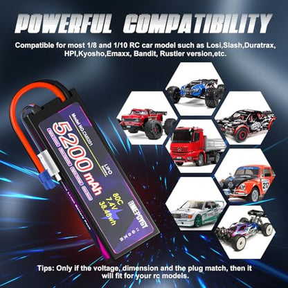 7.4V Lipo Battery 2S 5200mAh 80C Lipos Hard Case with EC3 Connector for RC Car Trucks 1/8 1/10 RC Vehicles(2 Packs) - color: EC3