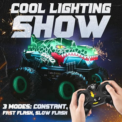 BEZGAR Monster Truck Toys，1:20 Remote Control Car with Light & Music | Green Dinosaur Toys for Kids,RC Truck with 360° Spins and Drifting, Toy Car Gifts for Boys, Battery Life of 20 Minutes - color: Green