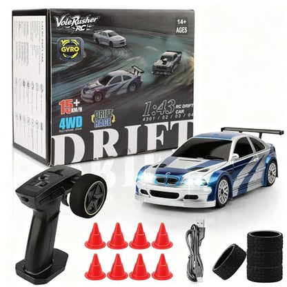 [2026 Upgrade 1/43 Mini RC Drift Car with Gyroscope, 4WD RTR | Gyro Mini Drift RC Car, 1/43 RC Drift Car Toys for Kids Ages 8-14, Birthday Gifts for Boys Girls, 2 Tire Sets, 8 Cones - color: Blue