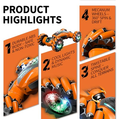 Gesture Sensing RC Stunt Car with Light Music and Mist Spray for Kids 6+, 4WD Off-Road Drift Remote Control Car, 2.4GHz Glove Remote, Rechargeable Toy Vehicle for Boys and Girls Birthday Gift - color: Orange