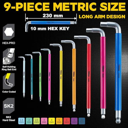 YOIbuy PRO Hex Key Wrench Set, 9-Piece Metric Allen Wrench Set, 1.5-10MM, SK2 Steel, Anti-Slip Ball End, Long Arm, Color-Coded, HEX-PRO Tech, for Mechanical Equipment, Vehicle, and Bicycle Repairs