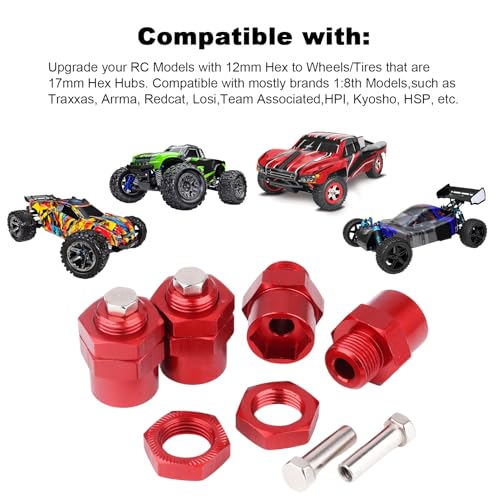 Hobbypark 12mm to 17mm Wheel Hex Hub Adapter Extension Conversion Offset for 1/10 RC Cars Trucks Off Road Buggy Upgrade 1/8 Tires (with Red Adapter) - color: With Red Adapter