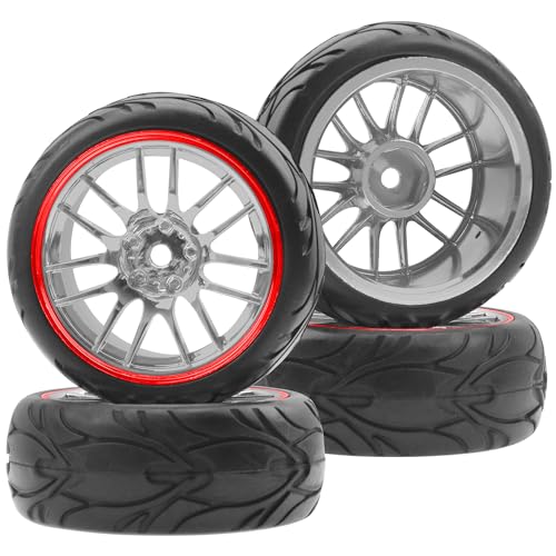 ShareGoo RC OD 2.59" Plastics 12mm Hex Wheels Rims & Rubber Tires Set 14-Spoke Compatible with Traxxas Tamiya Sakura HSP Kyosho WLtoys 1/10 RC On-Road Racing Touring Car (Red) - color: Red
