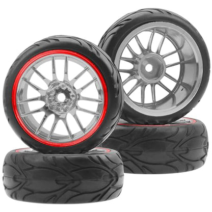ShareGoo RC OD 2.59" Plastics 12mm Hex Wheels Rims & Rubber Tires Set 14-Spoke Compatible with Traxxas Tamiya Sakura HSP Kyosho WLtoys 1/10 RC On-Road Racing Touring Car (Red) - color: Red