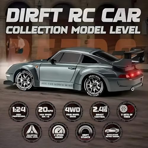 1:24 Scale RC Drift Car with LED Lights, 25km/h 4WD High Speed, Dual Batteries 50+ Min Play, 2.4GHz Remote Control, Multi-Surface Drift Tires, Racing Toy Vehicle for Adults Boys Girls, Silent Partner - color: 1:24 Silent Partner