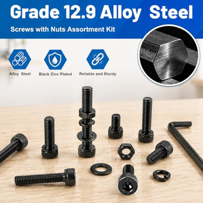 280PCS M6 Hex Socket Head Cap Screw Kit 12.9 Alloy Steel for DIY 3D RC | Black Zinc Plated Bolts and Nuts, Flat & Spring Washers, M6-1.0 x 8-35mm Machine Metric Fastener Set, High Tensile Strength - size: G12.9 M6 280PCS