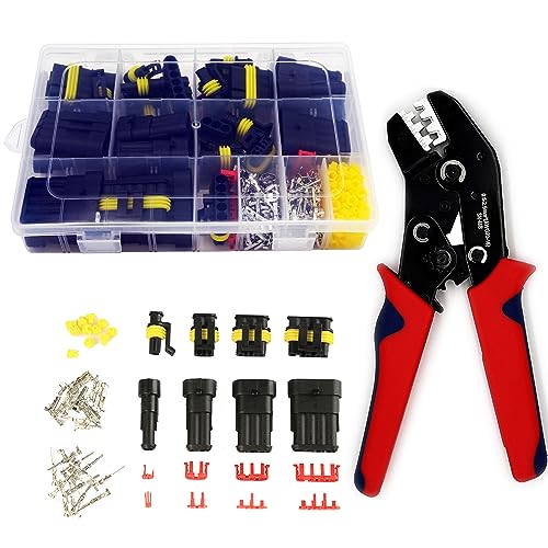 352pcs 1/2/3/4 Pin Connector Automotive Waterproof Connector with Crimper | Twippo 22-16 AWG 1/2/3/4 Wire Male and Female Electrical Wire Connectors Plug Terminal Kit with Ratchet Crimping Tool(26set) - color: 352pcs With Crimper