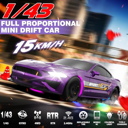 1/43 RC Drift Car, Mini Drifting RC Car with Gyro 2.4GHz Full Proportional Drift Cars 4WD RTR Remote Control Cars with Colorful Lights Gyroscope Fast Racing Vehicle Gift for Kids Boys Adults - color: Purple