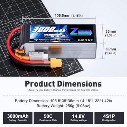 Zeee 4S Lipo Battery 3000mAh 14.8V 50C with XT60 Plug (2 Packs) | Soft Case Battery for RC Airplane Helicopter Drone FPV RC Boat UAV RC Car Truck Boat Racing Hobby Models