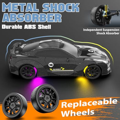 1/43 RC Drift Car, Mini Drifting RC Car with Gyro 2.4GHz Full Proportional Drift Cars 4WD RTR Remote Control Cars with Colorful Lights High Speed Fast Racing Vehicle Gift for Kids Boys Adults - color: Silver+bk