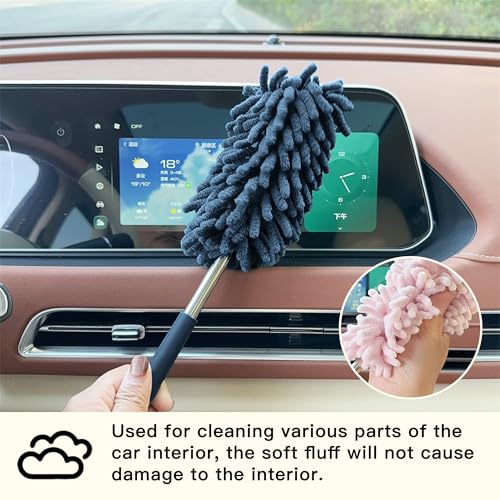 2PCS Car Interior Duster with Extension Pole, Microfiber Retractable Dusters Auto Dash Cleaning Tool, Soft Chenille Hand Washable Dusters for Vehicle Window Office Furniture (Blue) - color: Blue