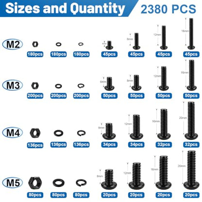 2380PCS Hex Socket Button Head Screws Assortment Kit 10.9 Alloy M2-M5 | M2 M3 M4 M5 Black Zinc Plated Machine Bolts and Nuts, Flat & Spring Washer, with Organizer Case for DIY, Electronics, RC Car - size: G10.9 M2M3M4M5 2380PCS