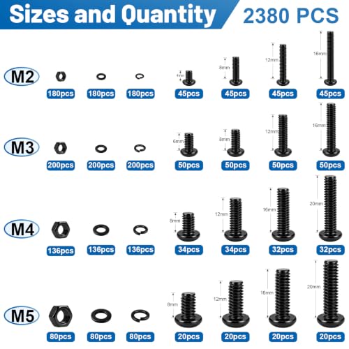 2380PCS Hex Socket Button Head Screws Assortment Kit 10.9 Alloy M2-M5 | M2 M3 M4 M5 Black Zinc Plated Machine Bolts and Nuts, Flat & Spring Washer, with Organizer Case for DIY, Electronics, RC Car - size: G10.9 M2M3M4M5 2380PCS