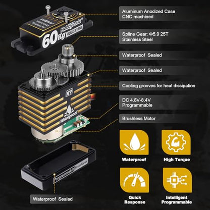 HobbyPark Waterproof 828oz 60KG High Torque Servo Brushless Motor 8.4V HV Servo Metal Gear Digital Servo Programmable for 1/8 1/10 1/12 RC Crawler RC Truck RC Car Buggy Robotic DIY Control Angle 180°