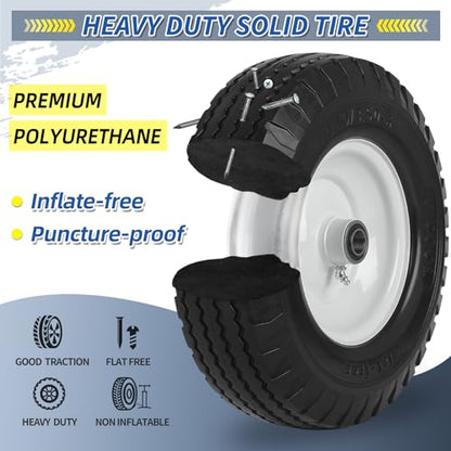 4.10/3.50-6 Flat Free Tire and Wheel, 12" Solid Wheel, 3"-3.5''-4.5'' Centered Hub, and 3/4" & 5/8" Bearings, Replacement for Lawnmower, Wheelbarrow, All Purpose Utility Tire on Wheel