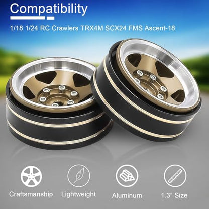 1.3 Beadlock Wheel - Aluminum & Brass Wheel Rims for TRX4M SCX24 1/18 1/24 | Brass Negative Offset 1.3” Wheel Hub Width 15mm OD 37mm with 7mm Hex Fit FMS Ascent-18 RC Car Off Road Tire, 4pcs (Brozne) - color: Bronze