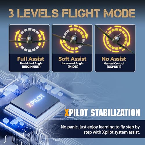 CKYSCHN VOLANTEXR Brushless RC Plane 500mm with X-Pilot Gyro for Adults | Spitfire Fighter 4CH RC Airplane, 3 Level Modes, Aerobatic Outdoor Flying, RTF Remote Control Airplane with 2 Batteries - color: Brown-76805