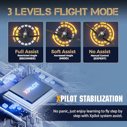 CKYSCHN VOLANTEXR Brushless RC Plane 500mm with X-Pilot Gyro for Adults | Spitfire Fighter 4CH RC Airplane, 3 Level Modes, Aerobatic Outdoor Flying, RTF Remote Control Airplane with 2 Batteries - color: Brown-76805