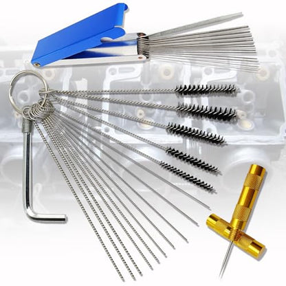 Premium Torch Tip Cleaner Stainless Steel 13 Cleaning Wires Set + 10 Cleaning Needles +5 Nylon Brushes + 1 Throttle Wrench + 1 Sharp Pick, Carburetor Cleaning Kit Heavy Duty Density Nylon
