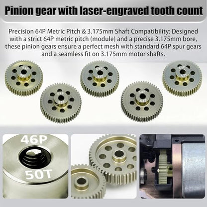 5Pcs 64P Aluminum Alloy Pinion Gear Set 3.175mm 50T 51T 52T 53T 54T Motor Pinion Gear W/ M4 Screw and Hex Key, Fit 3.175mm (1/8-Inch) Shaft, for Arrma HPI Kyosho Losi Axial Traxxas Tamiya 1/10 RC Car - size: 64P-3.175mm-50-54T