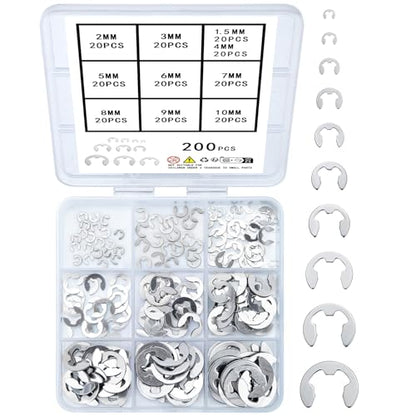 wugongshan 200 Pcs E-Clip Circlip External Retaining Rings, Stainless Steel E-Clips Assortment Kit, 10 Sizes External Circlip Snap Rings Retaining Clips Set - M1.5/M2/M3/M4/M5/M6/M7/M8/M9/M10