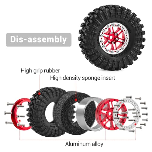 1.3" Aluminum Wheel & Tire Set - Upgrade Parts for 1/18 1/24 SCX24 TRX4M RC Crawler (red) - color: red-2