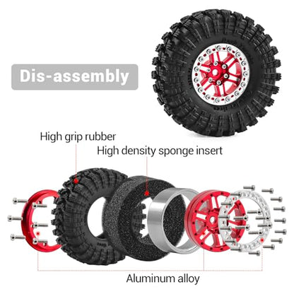 1.3" Aluminum Wheel & Tire Set - Upgrade Parts for 1/18 1/24 SCX24 TRX4M RC Crawler (red) - color: red-2