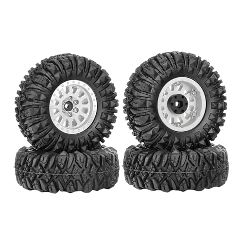 4PCS 1.3" Aluminum Alloy Beadlock Wheel Rims All-Terrain Tyre 70mm Rubber Tires Set with 5mm & 7mm Hex for 1/12 1/14 1/18 1/24 RC Rock Crawler Car Upgrade Parts (D-Silver) - color: D-silver