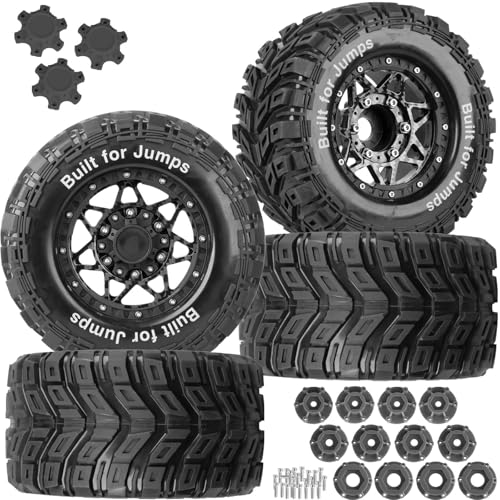 RC Truck Tires 12mm/14mm/17mm Hex RC Wheels and Tires for 1/10 Big Rock Granite Vortek/Stampede Rustler Hoss/L0s1 Rc 4wd,RC Monster Truck Car Wheel 4Pcs,Carbon Black - color: Carbon Black - (12mm/14mm/17mm Hex)
