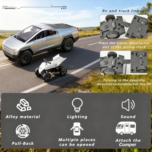 1/32 Toy Truck with RV ATV Motorcycle Alloy Truck Model with Sound and Light Effect Comer Trailer Ideal Charistma Gidt Age for 3+ Boys Girls - color: Silver With Rv