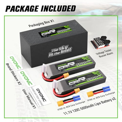 OVONIC 11.1V 120C 5000mAh 3S Lipo Battery Hard Case with EC5 Plug for RC Car RC Helicopter RC Truck RC Truggy Airplane Quadcopter UAV Drone FPV (2 Packs)(with Lipo Voltage Checker)
