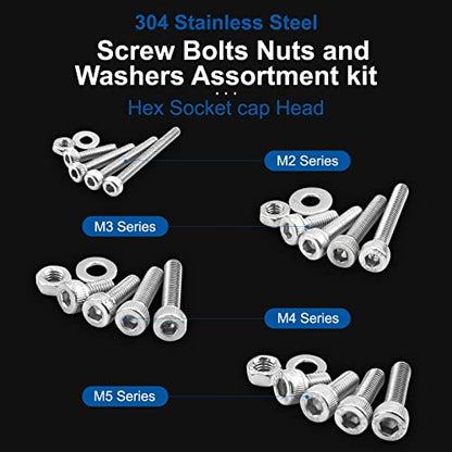 NINDEJIN Black & Silver Hex Socket Head Screws Bolts Nuts and Flat Washer Assortment Kit(Hex Socket Flat/Button/Cap Head) (580Pcs Hex Button Head Socket Screws Nuts) | 304 Stainless Steel Machine Screws Kit, for Home, Office equipment, Communication Equip