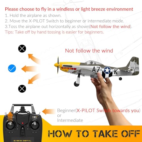 P51 Mustang RC Plane 4 Channel Brushless 500mm for Adults Outdoor | VOLANTEXR RTF RC Airplanes with X-Pilot Stabilizer, 3-Level Flight Mode to Learn, Aerobatic Flight for Fun, 2 Batteries