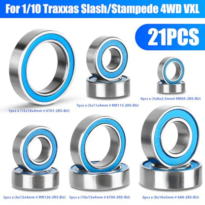 21PCS RC Bearing Kit, Steel Sealed Ball Bearings for 1/10 Traxxas Slash Stampede 4x4 4WD VXL RC Crawler