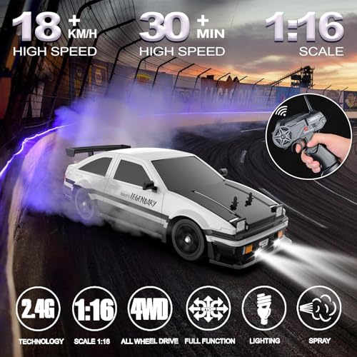 Remote Control Car RC Drift Car 1:16 Scale 4WD 18KM/H High Speed Model Vehicle 2.4GHz with LED Lights Spray Rubber Tire Racing Sport Toy for Adults Boys Girls Kids Gift 2Pcs Rechargeable Batteries - color: A-white