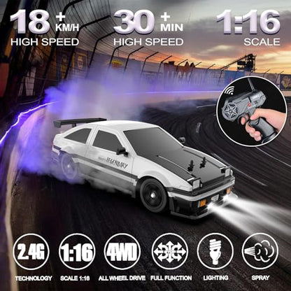 Remote Control Car RC Drift Car 1:16 Scale 4WD 18KM/H High Speed Model Vehicle 2.4GHz with LED Lights Spray Rubber Tire Racing Sport Toy for Adults Boys Girls Kids Gift 2Pcs Rechargeable Batteries - color: A-white