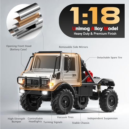 MN-333 1/18 Semi-Truck RC Crawler, Unimog U4000 4WD Full Scale Off Road RC Rock Crawler, 4x4 RC Car RTF Alloy Climing Vehicle for Hobby Gifts - color: Green