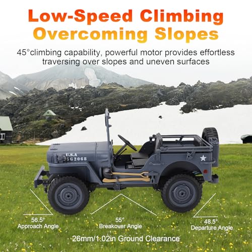 RC Crawler, 1:10 Scale D888 Willys Military Jeep, 2.4Ghz 4WD Off Road Rock Crawler with Lights, Removable Accessories All Terrain RC Jeep Toy for Adult Teens-Upgradable (2 Batteries) - color: Grey