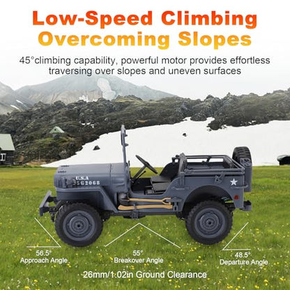 RC Crawler, 1:10 Scale D888 Willys Military Jeep, 2.4Ghz 4WD Off Road Rock Crawler with Lights, Removable Accessories All Terrain RC Jeep Toy for Adult Teens-Upgradable (2 Batteries) - color: Grey