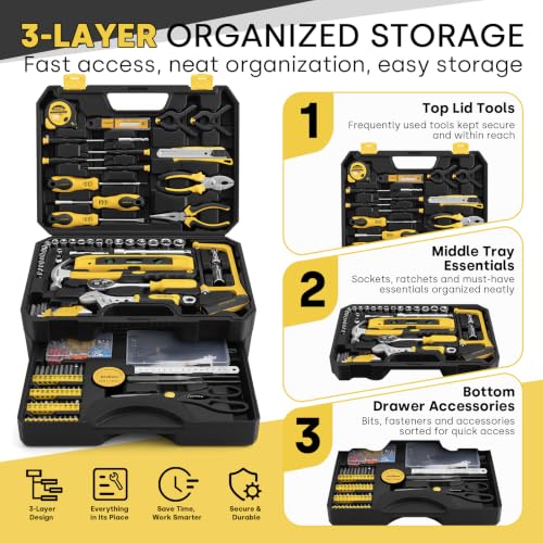 Enventor 419 PCS Home Tool Kit for DIY Repair, Home Maintenance with Drawer | General Home Auto Repair Tool Set Toolbox 3-Layer Organized Storage for Handyman, Homeowner