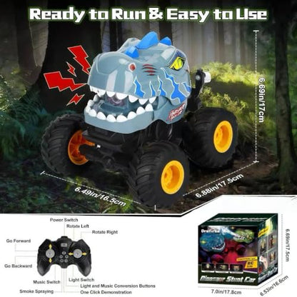 Drefirsa Dinosaur Monster Truck for Boy Age 4-7, Dino Remote Control Car | 60min+ Runtime, Trex Dinosaur Toy Car with Spray, Light, Music, Stunt, Birthday Gift for Boy 3 4 5 6 7 8 9 10 Year Old - color: Green