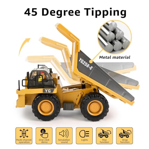 KidsFaves RC Dump Truck, 9CH Remote Control Dump Truck with Metal Dump Bed, 45° Lifting & 360° Rotation, 2 Batteries, Lights & Sounds, Construction Toy for Boys Age 3+ - style: dump truck