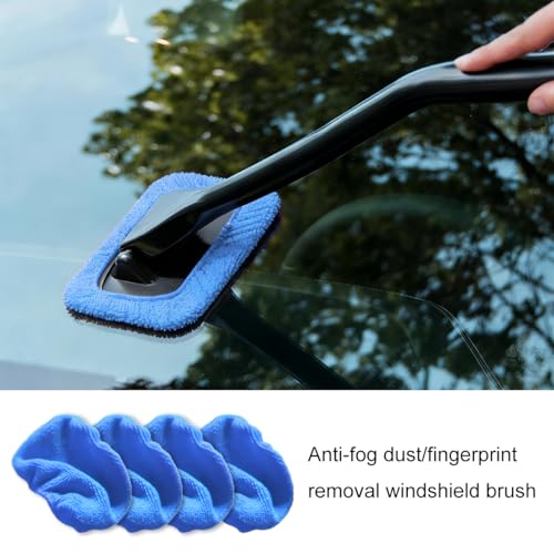 Car Windshield Cleaning Tool, Microfiber Vehicle Window Cleaner with 5 Washable Reusable Cloth Pad & 1 Spray Bottle, Automotive Glass Wiper Cleaning Kit Accessories, Universal Fit (Blue) - color: Blue